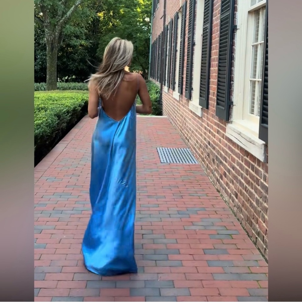 Anna October Blue Backless Satin Slip Dresses - Picture 2 of 12